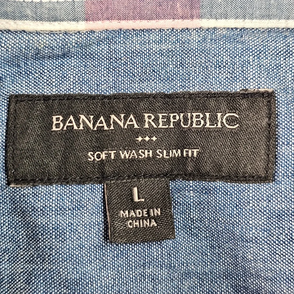 Banana Republic Shirt Men's Large‎ Blue Pink Plaid Soft Wash Slim Fit Button-Up